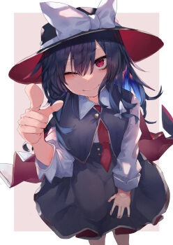 1girl absurdres alternate_eye_color black_cape black_hair black_hat black_skirt bow cape closed_mouth collar hair_between_eyes hand_on_own_thigh hat hat_bow highres leaning_forward long_sleeves looking_at_viewer medium_hair muraryo one_eye_closed pointing pointing_at_viewer red_eyes shirt skirt sleeve_cuffs smile solo standing touhou two-tone_background usami_renko white_bow white_collar white_shirt
