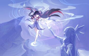 1girl absurdres artist_name bare_shoulders barefoot black_hair chinese_commentary closed_eyes closed_mouth colored_inner_hair columbina_(genshin_impact) commentary commentary_request dress english_commentary full_body genshin_impact gradient_hair hair_ornament highres long_hair looking_at_viewer low-tied_sidelocks multicolored_hair nenggong_zhiren pillar pink_hair purple_eyes sidelocks smile solo statue streaked_hair white_dress wing_hair_ornament