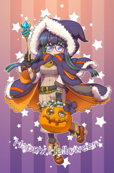 1girl black_hair cloak full_body fur-trimmed_cloak fur-trimmed_hood fur_trim glasses green_skirt halloween halloween_bucket halloween_costume happy happy_halloween holding holding_wand hood hooded_cloak long_hair looking_at_viewer multicolored_hair original purple_eyes shoes skirt smile solo striped_background susagane two-tone_hair wand