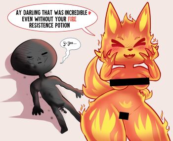 Rule 34 | > <, 1boy, 1girl, aftersex, bar censor, breasts, burnt, censored, censored nipples, elemental (creature), fire, fire elemental, fox girl, highres, medium breasts, meme, mexico ufo alien bodies hearing (meme), oni punch, original, penis, power connection, speech bubble, wide hips