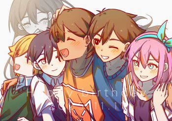 2025 2girls 4boys :d ;d ^_^ antenna_hair aqua_hairband arm_around_shoulder aubrey_(faraway)_(omori) aubrey_(omori) bailan1130 basil_(faraway)_(omori) basil_(omori) black_hair black_shirt black_sweater_vest blonde_hair blue_eyes blue_sweater blush bow_hairband breasts bright_pupils brother_and_sister brothers brown_eyes brown_hair chinese_commentary clenched_hand closed_eyes closed_mouth collarbone collared_shirt colored_skin commentary_request dark-skinned_male dark_skin dated double-parted_bangs green_sweater_vest grey_background grey_eyes grey_skin grin hair_behind_ear hair_between_eyes hairband hand_on_another&#039;s_head hand_on_own_chest hand_on_own_chin hand_on_own_shoulder hand_up happy_birthday hero_(faraway)_(omori) hero_(omori) highres jacket kel_(faraway)_(omori) kel_(omori) long_hair looking_ahead looking_at_another lower_teeth_only mari_(omori) mari_(spirit)_(omori) multiple_boys multiple_girls omori one_eye_closed open_clothes open_jacket open_mouth orange_tank_top pale_skin pink_hair profile sailor_collar shirt short_hair short_sleeves siblings sidelocks simple_background small_breasts smile spoilers straight_hair sunny_(omori) sweater sweater_vest tank_top teeth tongue upper_body upper_teeth_only v-shaped_eyebrows very_short_hair white_jacket white_pupils white_shirt yellow_sailor_collar