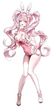 1girl absurdres alice_(nikke) alice_(wonderland_bunny)_(nikke) animal_ears bare_legs bare_shoulders bow bowtie breasts cleavage covered_navel detached_collar full_body goddess_of_victory:_nikke highleg highleg_leotard highres holding holding_own_hair large_breasts leotard long_hair looking_at_viewer official_alternate_costume open_mouth pink_eyes pink_hair pink_leotard playboy_bunny rabbit_ears shoes smile sneakers solo someang standing thighs tongue tongue_out very_long_hair wavy_hair wrist_cuffs