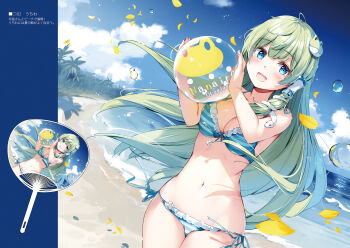 1girl :d absurdres alternate_costume ball beachball bikini blue_background blue_eyes blue_sky breasts circle_name cleavage cloud cowboy_shot day dutch_angle falling_petals frog_hair_ornament green_eyes hair_ornament hair_tubes hand_fan highres holding holding_ball holding_beachball kochiya_sanae long_hair looking_at_viewer medium_breasts miyase_mahiro navel ocean open_mouth outdoors palm_tree petals side-tie_bikini_bottom single_hair_tube sky smile snake_hair_ornament solo striped_bikini striped_clothes swimsuit touhou translation_request tree very_long_hair water_drop