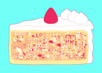 1boy 1girl bottle cake cat controller dragon flat_color food game_controller hat unworn_hat unworn_headwear hebitsukai instrument keyboard_(instrument) lamp limited_palette original paper ponytail shelf shield short_hair sitting strawberry_shortcake sword table television tissue_box weapon