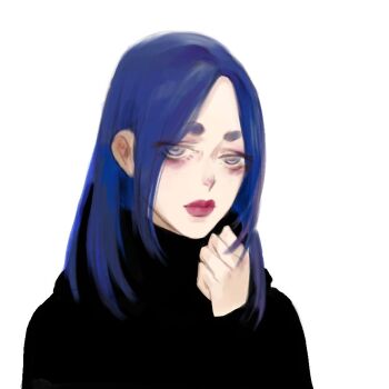 1girl artist_self-insert bad_bcy_id bad_id bags_under_eyes baomi_bingzi_haochi black_sweater blue_eyes chinese_commentary clenched_hand closed_mouth commentary_request expressionless eyelashes eyes_visible_through_hair grey_eyes hand_on_own_neck lipstick long_hair long_sleeves looking_at_viewer makeup original red_lips simple_background sleeves_past_wrists solo straight_hair sweater thick_eyebrows turtleneck turtleneck_sweater upper_body white_background