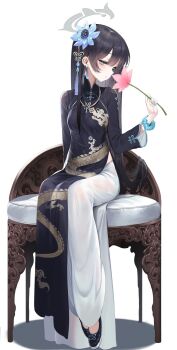 1girl alternate_costume alternate_hairstyle ao_dai black_dress black_hair blue_archive blue_nails blush breasts butterfly_hair_ornament chair commentary_request crystal_earrings cushion dishwasher1910 dragon_print dress earrings fellatio flower food full_body grey_eyes grey_halo hair_flower hair_ornament halo highres holding holding_food holding_popsicle jewelry kisaki_(blue_archive) long_hair long_skirt long_sleeves looking_at_viewer melting_popsicle midriff_peek oral pink_flower popsicle print_dress saliva saliva_trail sexually_suggestive shoes simulated_fellatio sitting skirt small_breasts solo tongue tongue_out vietnamese_clothes white_skirt