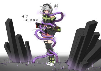 1girl anby_demara arms_behind_back bare_shoulders black_jacket black_panties black_thighhighs bound brown_eyes clenched_teeth clothes_lift crystal detached_sleeves grey_hair highres jacket looking_down midriff_peek nomad_(nzdz2788) one_eye_closed open_mouth panties pleated_skirt restrained sheath shoes short_hair skindentation skirt skirt_lift sneakers solo teeth tentacles thigh_strap thighhighs thighs underwear zenless_zone_zero zettai_ryouiki