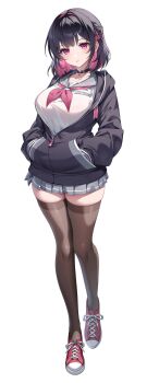 1girl absurdres black_choker black_hoodie breasts brown_thighhighs choker closed_mouth collarbone colored_inner_hair gomashio_ponz grey_sailor_collar grey_skirt hair_ornament hairclip hands_in_pockets highres hood hoodie large_breasts long_sleeves medium_hair multicolored_hair neckerchief official_art original pink_eyes pink_hair pink_neckerchief pleated_skirt red_shoes sailor_collar shoes simple_background skirt solo thighhighs thighs two-tone_hair white_background