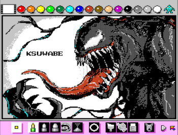 1boy art_program_in_frame artist_name claws commentary dithering from_side hand_up jaggy_lines k-suwabe limited_palette long_tongue male_focus mario_(series) mario_paint mario_paint_(medium) marvel monster monster_boy nintendo open_mouth saliva screencap sharp_teeth simple_background smile solo spider-man_(series) teeth tongue tongue_out venom_(marvel) very_long_tongue white_background white_eyes
