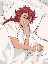 Rule 34 | 0321smith, 2girls, artist name, closed eyes, commentary request, grin, gundam, gundam suisei no majo, holding hands, jewelry, long hair, miorine rembran, multiple girls, on bed, pillow, red hair, ring, scar, scar on face, shirt, short sleeves, smile, suletta mercury, thick eyebrows, under covers, wedding ring, white shirt, wife and wife, yuri