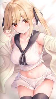 1girl absurdres ahoge armpits black_ribbon black_sailor_collar black_thighhighs blonde_hair blonde_hair-chan_(ramchi) blue_bra blue_panties blush bra bra_peek breasts cardigan cellphone cleavage closed_mouth eyes_visible_through_hair fang hair_between_eyes hair_ribbon hand_up highres large_breasts legs_together long_hair long_sleeves looking_at_viewer midriff navel off_shoulder open_cardigan open_clothes original outstretched_arm panties panty_peek phone ramchi red_eyes ribbon sailor_collar selfie shirt short_shorts shorts sleeveless sleeveless_shirt sleeves_past_wrists strap_slip thighhighs twintails underwear white_shirt white_shorts yellow_cardigan