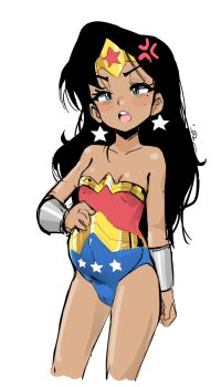 1girl aged_down anger_vein black_hair blaski blue_eyes blush breasts earrings jewelry loli pregnant pregnant_loli small_breasts solo wonder_woman