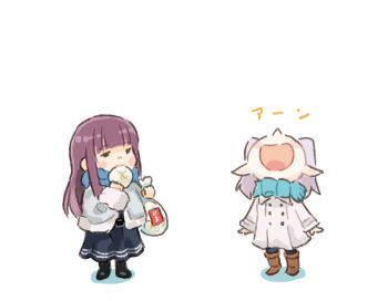 2girls black_dress blue_jacket bowl bread chibi coat dress elf fern_(sousou_no_frieren) food frieren full_body fur-trimmed_jacket fur_trim grey_hair holding jacket looking_up multiple_girls negative_space open_mouth pantyhose pointy_ears purple_hair saiguchi_otoufu simple_background smile sousou_no_frieren twintails white_background white_coat