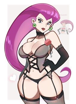 1girl bare_shoulders black_choker black_gloves black_panties black_thighhighs blue_eyes breasts choker cleavage closed_mouth collarbone earrings elbow_gloves flower garter_belt garter_straps gloves highres jessie_(pokemon) jewelry large_breasts lingerie long_hair navel nintendo panties pokemon pokemon_(anime) pokemon_(classic_anime) red_flower red_hair red_rose rose simple_background smile sphere_earrings stomach thighhighs touyarokii underwear