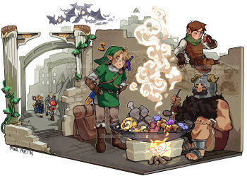 1girl 4boys absurdres black_beard brown_hair campfire chilchuck_tims commentary cooking crossover dungeon_meshi english_commentary fake_horns green_hat green_tunic hat helmet highres horned_helmet horns keese laios_touden link marcille_donato minart_(minart-was-taken) multiple_boys nintendo octorok plant ruins rupee_(zelda) senshi_(dungeon_meshi) sitting smile the_legend_of_zelda tunic vines