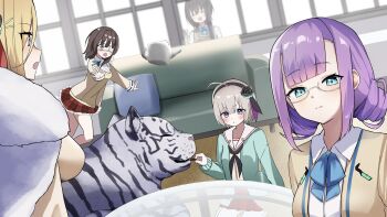 Rule 34 | 1other, 5girls, ahoge, aoi erika, black hair, black robe, blonde hair, blue eyes, byakko (heaven burns red), chalan chila, commentary request, couch, eyepatch, flower, ghost, glasses, grey hair, hairband, heaven burns red, highres, higuchi seika, hiiragi kozue, kettle, medical eyepatch, minase ichigo, minase sumomo, multiple girls, purple hair, robe, rose, school uniform, spirit, tiger, v, white tiger