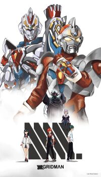 Rule 34 | 2girls, 4boys, acceptor, alexis kerib, arm support, armor, artist name, backpack, bag, bare legs, black armor, black cloak, black hair, black pants, black shoes, black skirt, black sweater vest, blue armor, blue gemstone, bow, bowtie, breastplate, brown shoes, cardigan, chain, clenched hands, cloak, collared shirt, commentary, copyright name, cropped torso, crossed ankles, denkou choujin gridman, dress shirt, dual persona, english text, faceless, forehead jewel, full armor, full body, gauntlets, gem, giant, giant male, glasses, glowing, glowing eyes, green gemstone, green hair, green necktie, grey pantyhose, gridman (character), gridman (ssss), gridman universe, hand up, hands in pockets, hibiki yuuta, highres, horns, jacket, knees together feet apart, loafers, long hair, looking ahead, looking at viewer, male focus, mecha, miniskirt, multicolored armor, multiple boys, multiple girls, necktie, orange scrunchie, pants, pantyhose, pink hair, pleated skirt, purple bow, purple bowtie, purple jacket, red armor, red bag, red bow, red bowtie, red eyes, red hair, red necktie, red shoes, robot, school uniform, scrunchie, shadow, shinjou akane, shirt, shoes, short hair, short sleeves, shoulder armor, simple background, sitting, skirt, ssss.gridman, standing, sweater vest, takarada rikka, three-quarter sleeves, tokusatsu, toned, toned male, ultrataku, utsumi shou, white background, white cardigan, white shirt, white shoes, wrist scrunchie, wristband, yellow eyes