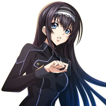 1girl artist_request black_hair black_hairband black_shirt blue_eyes breasts code_geass code_geass:_lost_stories female_focus hairband hand_up lace-trimmed_hairband lace_trim long_hair long_sleeves looking_at_viewer maya_disel non-web_source official_art order_of_the_black_knights_uniform parted_lips shirt sidelocks simple_background small_breasts solo standing teeth transparent_background upper_body v-shaped_eyebrows