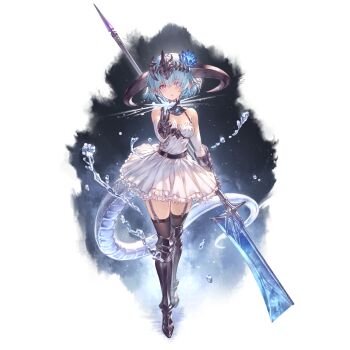 1girl alpha_transparency armored_boots blue_hair boots breasts derivative_work detached_sleeves dress filene_(shadowverse) flower full_body garter_straps granblue_fantasy hair_flower hair_ornament holding holding_weapon horns medium_breasts medium_hair official_art pointy_ears purple_eyes solo tail thigh_boots thighhighs weapon white_dress
