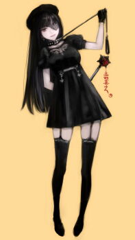 1girl black_dress black_hair black_thighhighs blood bloody_weapon commentary_request dress eyepatch garter_straps gloves hat highres holding holding_leash holding_mace holding_weapon leash long_hair looking_at_viewer mace original parted_lips red_eyes smile solo spiked_mace spikes takano_masayuki thighhighs weapon