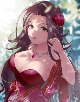 1girl bare_shoulders black_hair breasts dress flower hair_flower hair_ornament ich. idolmaster idolmaster_cinderella_girls jewelry large_breasts long_hair mature_female necklace red_ballad_(idolmaster) red_dress red_shawl shawl takahashi_reiko