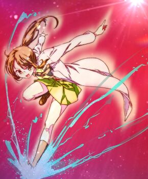 1girl arms_at_side arms_behind_back black_socks boku_wa_tomodachi_ga_sukunai brown_eyes brown_hair commentary_request foreshortening full_body glasses green_skirt highres kneehighs lab_coat leaning_forward loafers long_hair long_sleeves looking_at_viewer miniskirt official_artist_extra open_mouth plaid_clothes plaid_skirt ponytail school_uniform shiguma_rika shoes skirt smile socks solo splashing st._chronica_academy_school_uniform standing standing_on_one_leg watanabe_yoshihiro