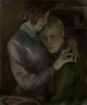 1boy 1girl blonde_hair brown_hair cardigan closed_mouth green_jacket hair_bun highres hug jacket james_sunderland long_sleeves mary_shepherd-sunderland painterly pink_cardigan s25122018 short_hair silent_hill_(series) silent_hill_2 single_hair_bun