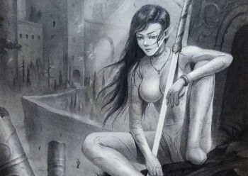 1girl bracelet breasts cigarette commentary_request cyborg dress evillllllllllllllllllllll fangfu_kandaole_yuzhou greyscale highres jewelry large_breasts long_hair monochrome necklace original photoshop_(medium) ring science_fiction sitting smile smoking solo sword traditional_media user_sapf3732 weapon