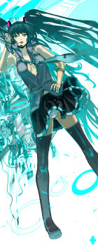 Rule 34 | 1girl, aqua nails, armpits, bare shoulders, boots, breasts, cleavage, cleavage cutout, clothing cutout, commentary request, fingernails, green eyes, green hair, hatsune miku, headset, legs, lips, lipstick, long hair, makeup, medium breasts, nail polish, necktie, number tattoo, panties, pantyshot, pleated skirt, revision, sakamoto kengo, shoulder tattoo, skirt, solo, striped clothes, striped panties, tattoo, thigh boots, thighhighs, twintails, underwear, very long hair, vocaloid