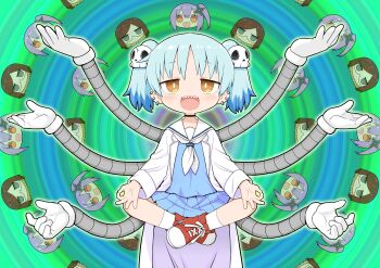 Rule 34 | 3girls, absurdres, black choker, blue hair, blue serafuku, blue skirt, brown hair, choker, ear piercing, end card, hair ornament, highres, izutsumi marin, kazuho (kazu-ho-ho), koga konoha, kusagakure satoko, looking at viewer, lotus position, mechanical arms, multiple girls, ninja to koroshiya no futarigurashi, official art, piercing, purple hair, school uniform, serafuku, sharp teeth, shoes, shuriken hair ornament, skirt, skull hair ornament, sneakers, teeth, twintails, yellow eyes