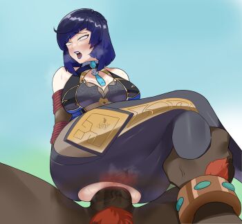 1boy 1girl absurdres anal blue_hair crossed_legs dice genshin_impact hetero highres hilichurl_(genshin_impact) interspecies large_penis maybe_its_mayvi mitachurl_(genshin_impact) pants penis sex short_hair torn_clothes torn_pants uncensored yelan_(genshin_impact)