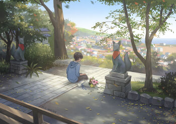 Rule 34 | 10s, 1boy, 2016, artist name, black hair, black pants, blue hoodie, blue jacket, blurry, bouquet, commentary, dappled sunlight, dated, depth of field, flower, fox statue, hill, hood, hoodie, inari, jacket, kitsu+3, leaf, male focus, original, pants, scenery, shade, short hair, shrine, sitting, solo, statue, sunlight, town, tree