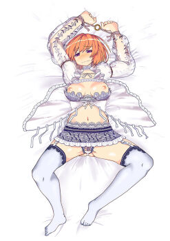 Rule 34 | 1girl, arms up, bed sheet, blush, bra, breasts, brown eyes, brown hair, comiket 95, commentary request, embarrassed, frilled shirt, frills, garter straps, half-closed eyes, kusaki kaya's senpai, lace, lace-trimmed bra, lace-trimmed panties, lace-trimmed skirt, lace-trimmed thighhighs, lace trim, lying, medium breasts, navel, nipples, on back, panties, restrained, see-through clothes, see-through sleeves, shibuya keiichirou, shirt, skirt, solo, spread legs, thighhighs, underwear, zutto senpai to