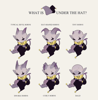 1boy allhailjotman bald black_hat clenched_teeth clown clown_boy colored_skin colored_teeth commentary cropped_torso curled_horns deltarune english_commentary english_text gloves grey_background grey_skin hat highres holding holding_unworn_clothes holding_unworn_hat hollow_eyes horns jester jester_boy jester_cap jevil long_sleeves multiple_views neck_ruff pointy_ears purple_gloves purple_hat purple_tail scar scar_across_eye scar_on_face sharp_teeth simple_background small_horns sweat tail teeth two-tone_headwear unworn_hat unworn_headwear utdr_(toby_fox) yellow_teeth