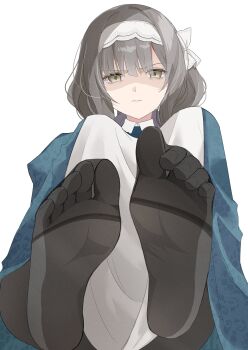 1girl absurdres apron black_pantyhose dress feet foot_focus gakuen_idolmaster gaohuang43450 green_dress green_eyes grey_hair hair_ribbon highres hiwatari_kanae idolmaster looking_at_viewer maid maid_headdress pantyhose ribbon scowl shaded_face short_hair simple_background solo white_apron white_background