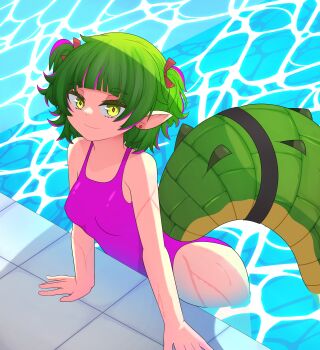 absurdres breasts commentary crocodile_girl crocodilian_tail english_commentary green_eyes green_hair green_tail hair_ribbon highres looking_at_viewer nitya_nil one-piece_swimsuit partially_submerged phase_connect pool poolside ribbon shion_(shion_aster) small_breasts swimsuit tail thick_tail virtual_youtuber water wet
