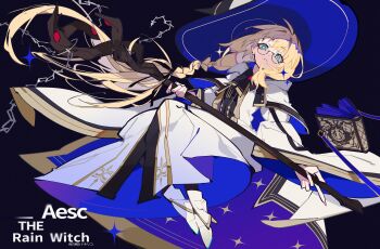 1girl absurdres aesc_(fate) aesc_(rain_witch)_(fate) black_dress blonde_hair book bow bowtie braid breasts brooch chain character_name cloak commentary dress fate/grand_order fate_(series) glasses gold_trim green_eyes hat high_heels highres jewelry long_hair long_sleeves looking_at_viewer medium_breasts ragnal round_eyewear side_ponytail solo staff two-tone_dress white_cloak white_dress white_hat wide_sleeves witch_hat
