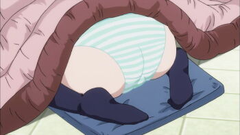 1girl ass ears kanzaki_mitsuki kotatsu panties saikin_imouto_no_yousuga_chotto_okashiindaga screencap socks solo striped_clothes striped_panties table underwear
