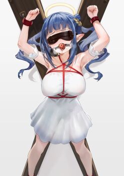 1girl absurdres armpits ball_gag blindfold blue_hair breasts dizzy_dokuro double_bun dress edamame_(edamame55) gag hair_bun halo highres large_breasts laurels long_hair phase_connect pointy_ears restrained second-party_source shadow shibari solo virtual_youtuber white_dress x-cross_(bdsm)