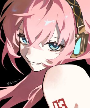 Rule 34 | 1girl, absurdres, artist name, bare shoulders, black background, black shirt, blue eyes, grin, hair between eyes, hashtag-only commentary, headphones, headset, highres, long hair, looking at viewer, looking back, megurine luka, number tattoo, pink hair, portrait, shirt, shoulder tattoo, simple background, sleeveless, sleeveless shirt, smile, solo, tattoo, teeth, thitora, vocaloid