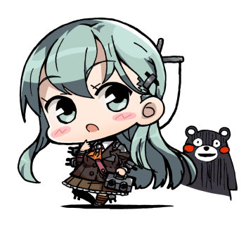 1girl animal ascot bear blazer blue_eyes blue_hair blush brown_skirt chibi chibi_only commentary hair_between_eyes hair_ornament hairclip jacket kantai_collection kumamon long_hair long_sleeves mascot open_mouth orange_ascot pleated_skirt rigging simple_background skirt standing suzuya_(kancolle) white_background yagumo_kengou
