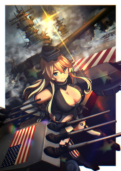 1girl american_flag american_flag_legwear asymmetrical_legwear blonde_hair blue_eyes breasts cleavage commentary_request elbow_gloves front-tie_top gloves hair_between_eyes headgear highres iowa_(kancolle) kantai_collection large_breasts long_hair miniskirt mismatched_legwear personification rigging skirt smile solo star-shaped_pupils star_(symbol) striped_clothes striped_skirt striped_thighhighs symbol-shaped_pupils thighhighs timmyyen uss_iowa_(bb-61) uss_long_beach_(cgn-9) uss_missouri_(bb-63) uss_new_jersey_(bb-62) uss_wisconsin_(bb-64) vehicle_and_personification vertical-striped_clothes vertical-striped_skirt vertical-striped_thighhighs very_long_hair