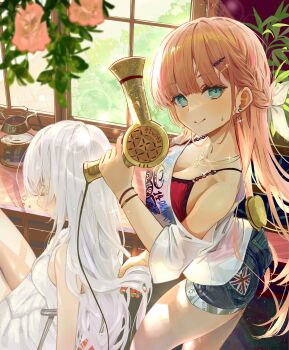 2girls absurdres blue_eyes blue_nails blurry blush bokeh bow bracelet braid breasts camisole chair cleavage closed_eyes coffee coffee_pot collarbone commentary_request cowboy_shot denim denim_shorts depth_of_field downblouse earrings flower french_braid hair_bow hair_brush hair_dryer hair_ornament hairclip half_updo highres holding holding_hair_dryer in_pocket ito_lab jewelry light_particles light_smile looking_at_viewer medium_breasts multiple_bracelets multiple_girls multiple_necklaces naked_towel necklace object_in_pocket on_chair original pink_hair plant pocket print_shirt red_camisole see-through_clothes see-through_shirt shirt short_shorts shorts sitting sleeping sleeping_upright sun sunlight sweatdrop towel union_jack union_jack_print white_bow white_hair white_shirt window