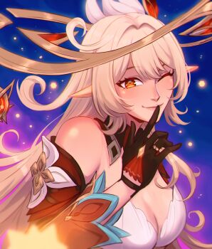 1girl ;) absurdres alice_(genshin_impact) bare_shoulders black_gloves blonde_hair blue_background blurry blurry_foreground blush breasts chalseu cleavage closed_mouth commentary cowlick detached_collar detached_sleeves dress english_commentary eyelashes finger_to_mouth genshin_impact gloves gold_halo gold_ring hair_between_eyes hair_intakes halo hand_up highres jewelry large_breasts long_hair long_sleeves looking_at_viewer one_eye_closed purple_background red_eyes red_sleeves ring sidelocks small_stellated_dodecahedron smile solo strapless strapless_dress upper_body very_long_hair vision_(genshin_impact)