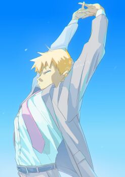 1boy arms_up belt belt_buckle black_belt blonde_hair buckle closed_eyes closed_mouth commentary_request cowboy_shot formal_clothes grey_jacket grey_pants grey_suit highres interlocked_fingers jacket layered_sleeves long_sleeves male_focus mob_psycho_100 nanko19 necktie open_clothes open_jacket pants pink_necktie reigen_arataka shirt shirt_tucked_in solo stretching suit suit_jacket white_shirt