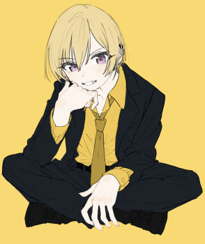 1girl absurdres belt black_belt black_jacket black_pants black_shoes black_suit blonde_hair business_suit collared_shirt commentary_request dress_pants dress_shirt elbow_rest formal_clothes grin hair_between_eyes hand_on_own_cheek hand_on_own_face head_rest highres idolmaster idolmaster_shiny_colors indian_style jacket looking_at_viewer necktie open_clothes open_jacket pants purple_eyes saijo_juri shirt shoes short_hair simple_background sitting smile solo suit suit_jacket tenohira_(tenoo) yellow_background yellow_necktie yellow_shirt