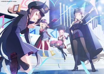 Rule 34 | 5girls, akinashi yuu, black boots, black hair, black shirt, black skirt, blonde hair, blue archive, boots, camera, chiaki (blue archive), full body, grey hair, halo, horns, ibuki (blue archive), index finger raised, iroha (blue archive), makoto (blue archive), multiple girls, official art, one eye closed, pandemonium society (blue archive), school uniform, shirt, skirt, twitter