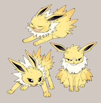 absurdres animal_focus black_eyes bright_pupils closed_eyes fangs fluffy full_body gen_1_pokemon grey_background highres jolteon looking_at_viewer lying multiple_views neck_fur newo_(shinra-p) nintendo no_humans open_mouth pokemon pokemon_(creature) pokemon_focus simple_background sitting standing white_fur white_pupils yellow_fur
