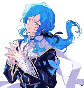 1boy black_bow black_jacket blue_butterfly blue_gem blue_hair bow bug butterfly cape closed_mouth collared_jacket eichi_turnr ensemble_stars! floating_hair frilled_sleeves frills gem green_eyes hair_bow hands_up highres insect jacket long_hair looking_at_viewer low_ponytail male_focus official_alternate_costume official_alternate_hair_length official_alternate_hairstyle own_hands_together parted_bangs ponytail shinkai_kanata sidelocks simple_background solo upper_body white_background white_cape