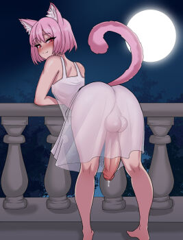 1boy against_railing animal_ear_fluff animal_ears ass blush bob_cut cat_boy cat_ears cat_tail dokima dress fang from_behind full_body highres huge_penis large_testicles leaning_on_object looking_at_viewer looking_back moon moonlight night original outdoors penis pink_eyes pink_hair precum railing see-through_clothes short_hair sidelocks smile solo standing tail testicles thighs trap white_dress